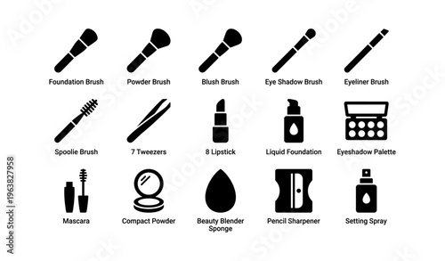 Makeup tools and accessories icons including brushes and lipstick