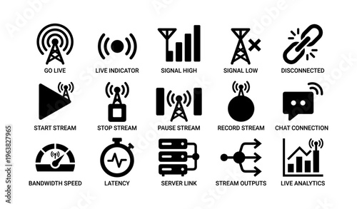 Black communication icons for live streaming and network connectivity