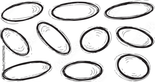 Hand drawn black and white oval shapes collection. Sketchy Ellipse Set: A series of hand-drawn ellipses in varying styles, offering a versatile