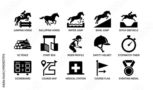 Equestrian event icons: jumping, rider, safety, equipment, scoring