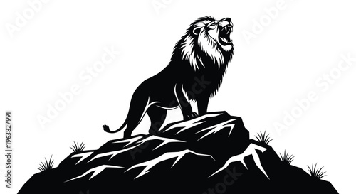 Majestic roaring lion vector illustration standing powerfully on a rock, showcasing strength and wild spirit.