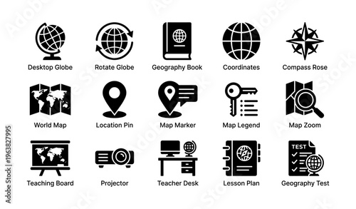 Geography icons: globe, map, compass, book, location, key, education, lesson, test