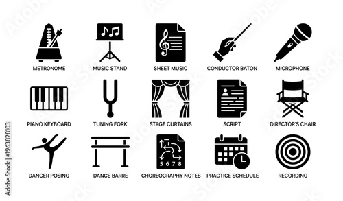 Musical instruments and performance icons including metronome and microphone
