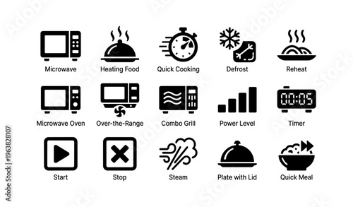 Microwave functions and symbols for quick meals and cooking efficiency