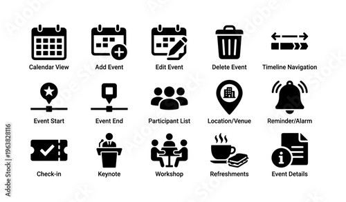 Event management icons set: calendar, location, reminder, workshop, check-in