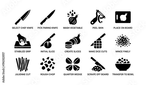 Kitchen knife skills tutorial with various cutting techniques and tools