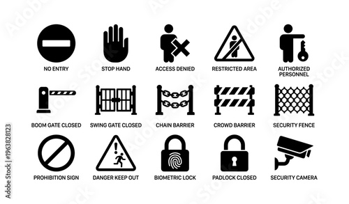 Security icons: no entry, access denied, restricted area, barriers, locks