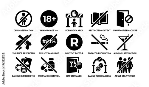 Various content restriction icons indicating age limitations and prohibited activities
