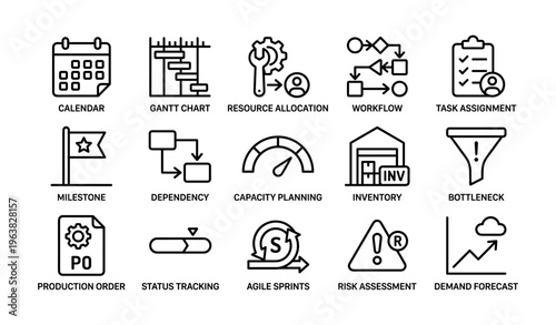 Project management icons: calendar, gantt chart, workflow, inventory, risk