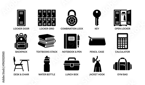 School essentials icons: locker, backpack, books, calculator, water bottle