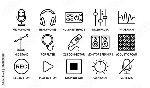 Audio equipment icons: microphone, headphones, mixer, waveform, speakers