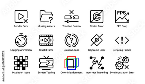 Various video production and playback error icons collection