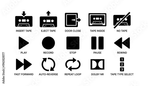 Audio cassette tape functions and controls icon set