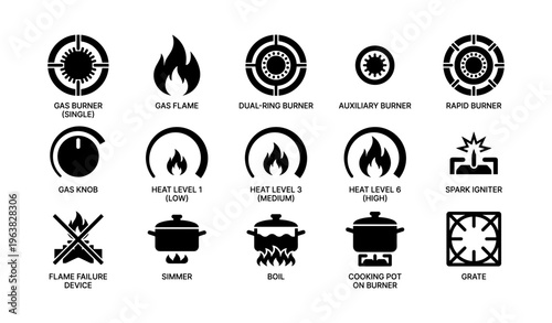 Gas stove icons set illustrating burners, flames, knob adjustments, spark igniter, and cooking pot