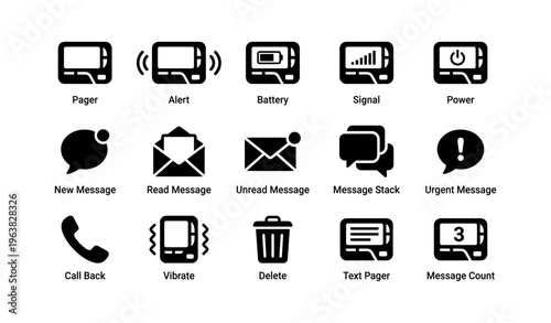 Communication icons: pager, alert, battery, signal, power, messages, call, delete