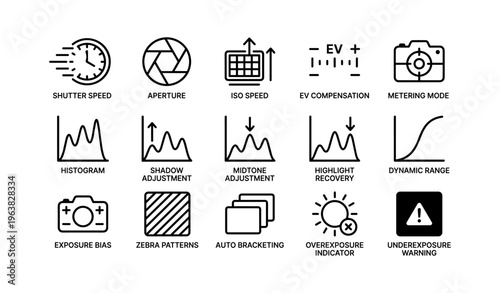 Photography icons: shutter speed, aperture, iso, ev, metering, histogram, and more