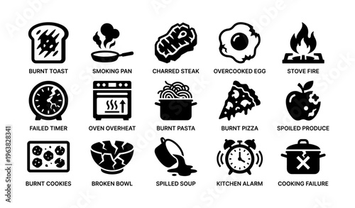 Kitchen disasters icons: burnt toast, smoked pan, charred steak, overcooked egg, stove fire