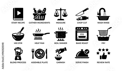 Culinary icons set featuring cooking tools and processes in bold black silhouettes