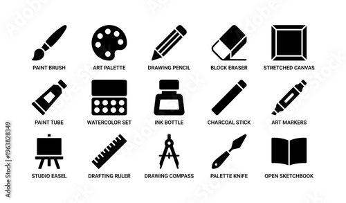 Art tools icons: paint brush, palette, easel, ink bottle, and more