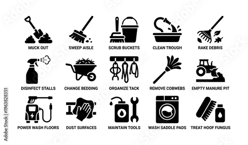 Farm stable cleaning icons: tools and tasks for efficient barn maintenance