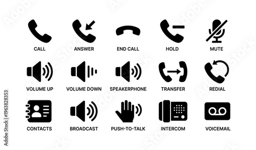 Phone and sound icons set: call, volume controls, contacts, intercom, voicemail