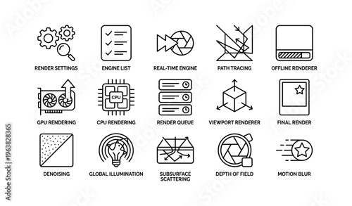Icons of rendering techniques and settings in graphic design