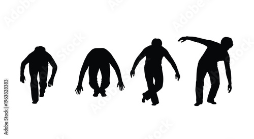 Collection of four black silhouette vector graphics depicting a man in various bizarre and crouching poses
