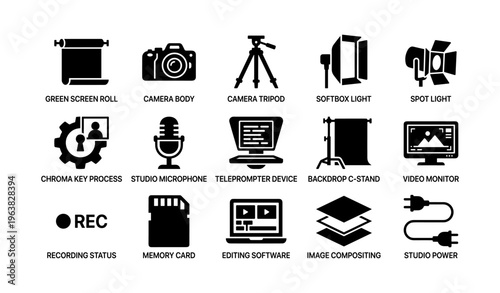 Camera equipment icons: tools for professional video production