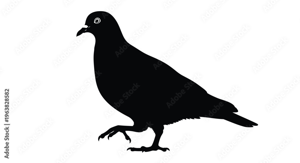 Fototapeta premium Stylized vector graphic illustration of a walking pigeon or dove bird in a stark black silhouette design.