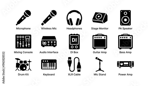 Audio equipment icons: microphone, headphones, mixer, guitar amp, power amp