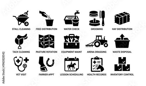 Equestrian stable management icons: tasks and equipment overview