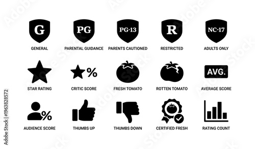 Movie rating icons: general, parental, restricted, adults, ratings, reviews
