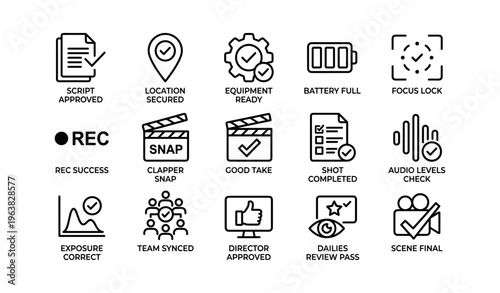 Film production icons set including clapperboard, director approval, and location marker
