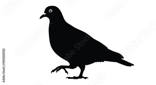 Stylized vector graphic illustration of a walking pigeon or dove bird in a stark black silhouette design.
