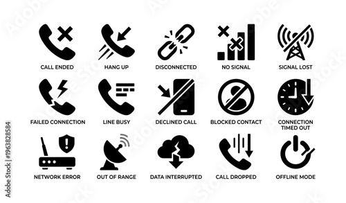Communication icons: no signal, hang up, call dropped, offline, connection issues