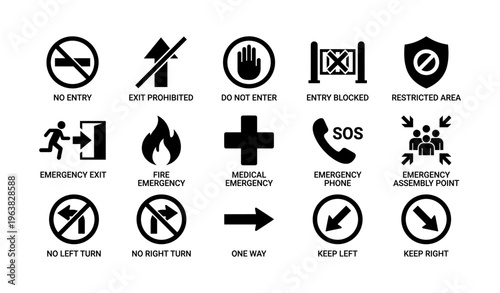 Emergency and safety signs set: prohibited entry, emergency exits, and safety directions