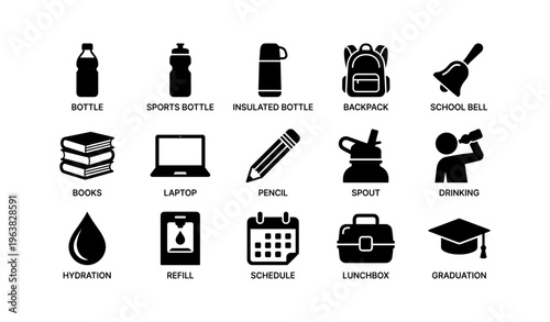 School supplies and essentials icons including backpack, laptop, and graduation cap