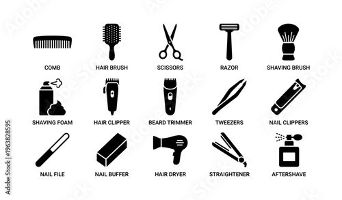 Icons of hair and grooming tools: combs, brushes, clippers, razors, and more