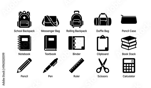 Essential school supplies: backpacks, bags, stationery, and classroom tools