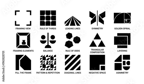 Visual composition techniques and principles diagram with icons