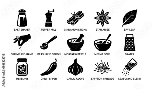 Kitchen spice and tool icons: salt shaker, pepper mill, herbs, and spices