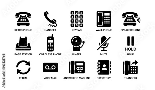Retro and modern phone icons: handset, speakerphone, cordless, voicemail symbols