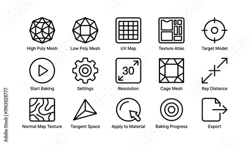Mesh and texture icons for 3d modeling and rendering workflow