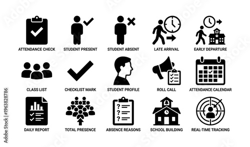 Attendance management icons: checklists, student status, timing, school building