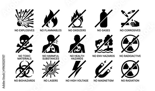 Safety warning icons for hazardous materials and situations