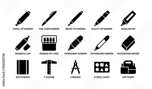 Icon set of various markers and art tools for drawing and writing