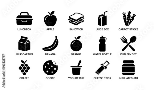 Variety of packed lunch items: lunchbox, fruits, snacks, and beverages