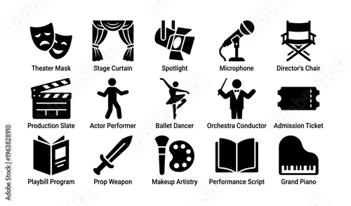 Theater elements: masks, curtain, spotlight, ballet, orchestra, makeup, props