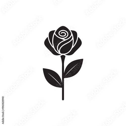 Minimalist black rose flower vector illustration featuring curved petals and green leaves for elegant brand identity and botanical art projects isolated on white background for stickers