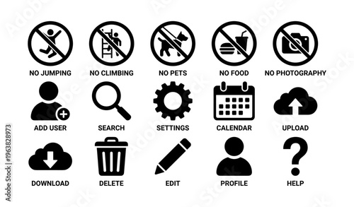 Informational icons: no jumping, climbing, pets, food, photography, user, search, settings, calendar, upload